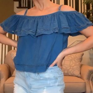 blue jean strapless blouse